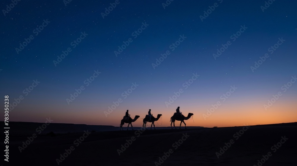 Beneath the vast expanse of the evening sky, camels and their riders trek across the desert, their silhouettes etched against the fading light. Beneath the vast expanse of the evening sky, camels and their riders trek across the desert, their silhouettes etched against the fading light.