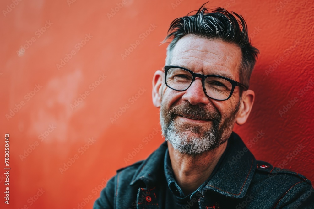 Portrait of a senior man wearing glasses against a red wall. Portrait of a senior man wearing glasses against a red wall.