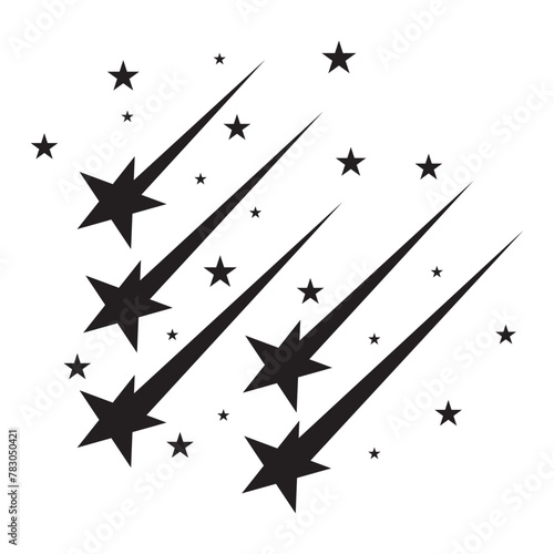 Falling star, meteor. Shooting stars icon vector set. Abstract silhouette of shooting star. Meteorite and comet symbols. Flying comet with tail, abstract galaxy element. Stars and stripes photo