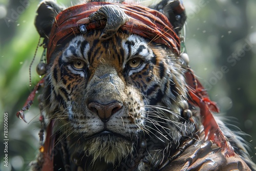 Imposing digital art of a tiger warrior wearing a tribal bandana and adorned with battle gear photo