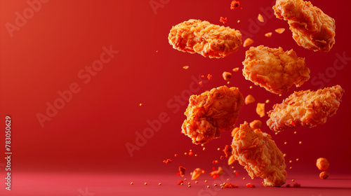 A chicken leg piece is flying through the air, covered with a deep fried chicken surface texture. It has a red background with high resolution photography in the style of an advertising photo.