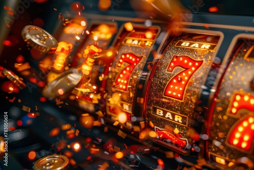 An engaging image capturing the spinning reels of a slot machine with bright lights, showcasing BAR and 7 symbols amidst a casino setting