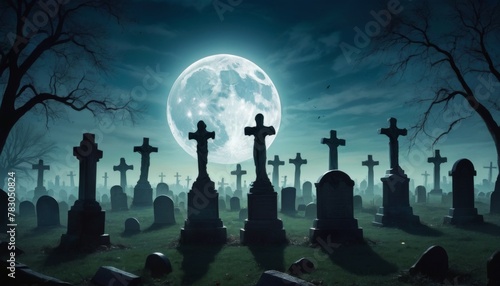 A chilling moonlit scene in a cemetery, with crosses and tombstones casting long shadows, creating a somber yet captivating ambiance. AI Generation