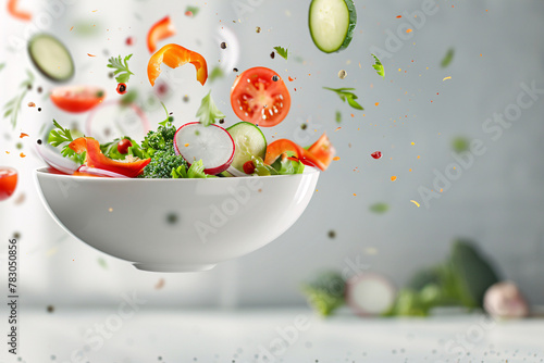 A colorful bowl with chopped fresh vegetables and lettuce for a healthy salad photo