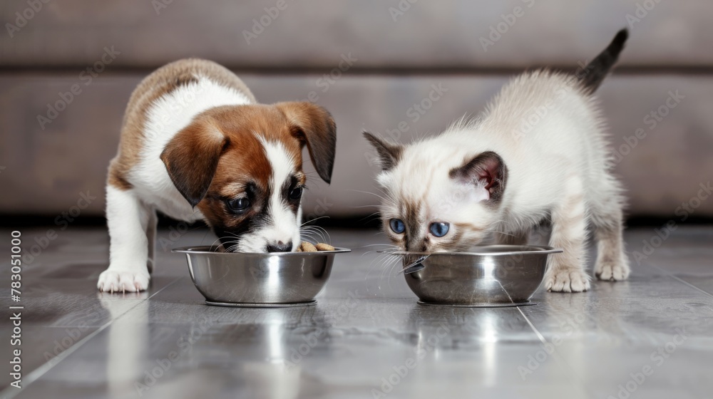 Puppy and Kitten Sharing Meal