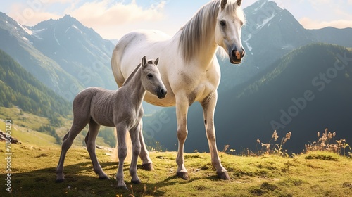 Beautiful white mare with her foal in the autumn forest photo