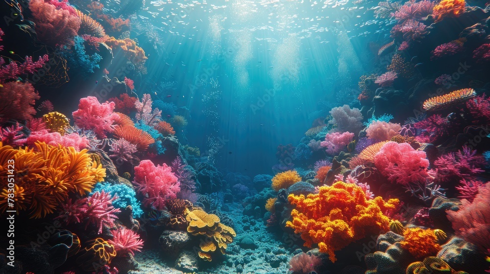 Wide Angle View Reveals the Rich Palette of Colors Adorning Vibrant Coral Reefs. Wide Angle View Reveals the Rich Palette of Colors Adorning Vibrant Coral Reefs.