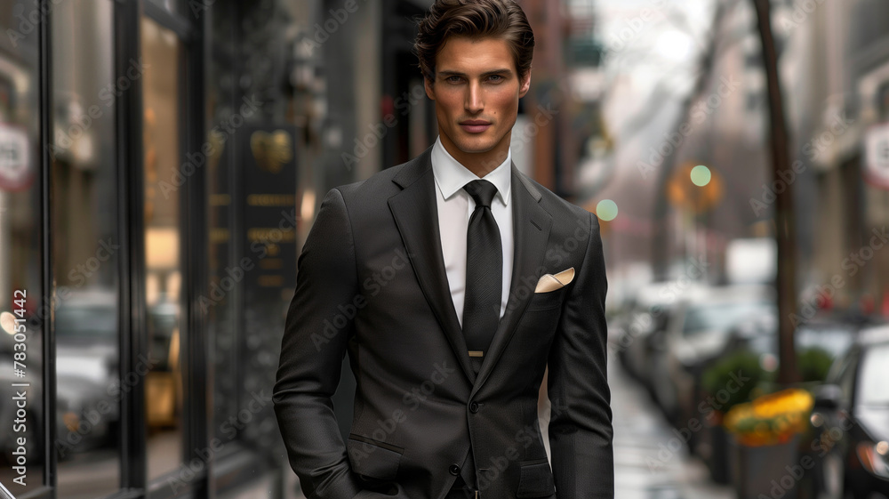 A man in a suit and tie stands in front of a window. Concept of professionalism and formality. Modern man in a luxury business suit