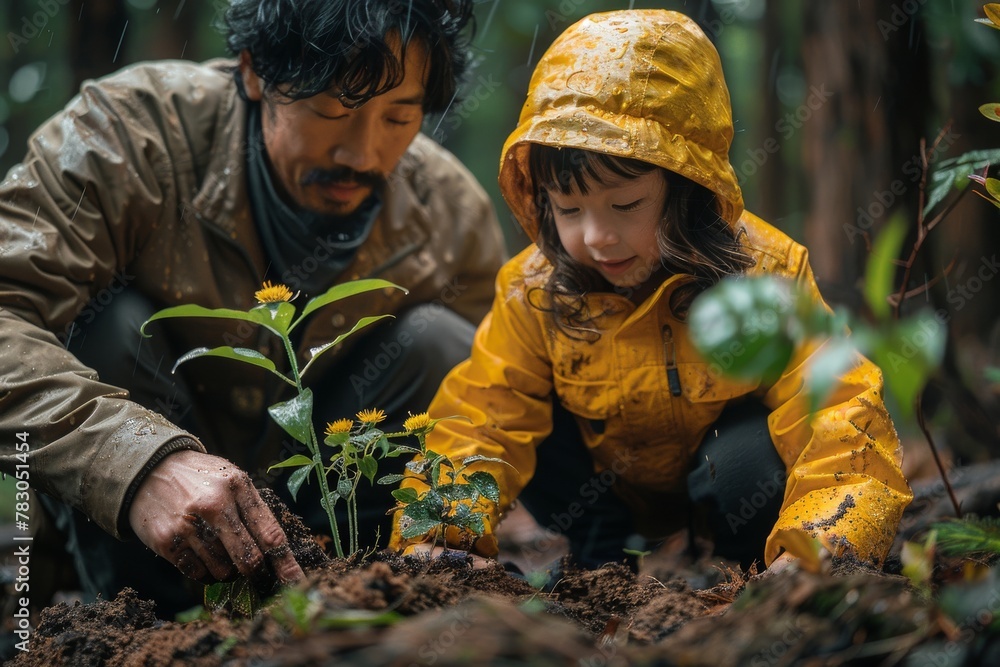Adult man and young girl in yellow rain gear plant a yellow flower in soil, representing bonding and growth Adult man and young girl in yellow rain gear plant a yellow flower in soil, representing bonding and growth
