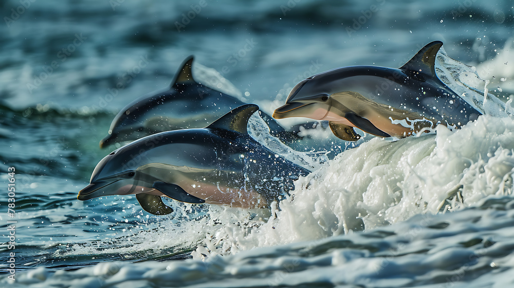 Obraz premium Dolphins jumping out of the water with splashes of water.