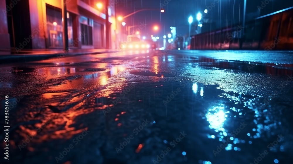 Night city street in a foggy day with wet pavement and cars