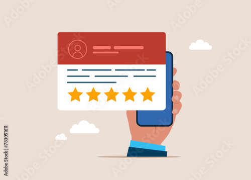 Reading testimonials or leaving comment. Customer feedback and rating 5 stars. Flat vector illustration