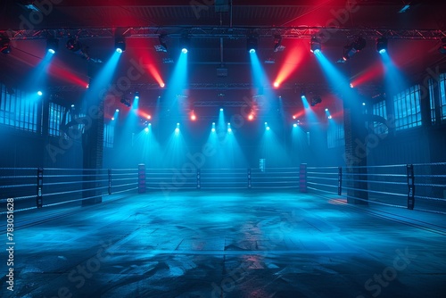 An empty boxing ring lit with vibrant blue and red lights in an indoor gym setting with no people