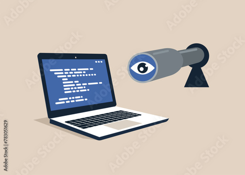 Spyglass in keyhole. Employee search, internet stalking, espionage. Flat vector illustration