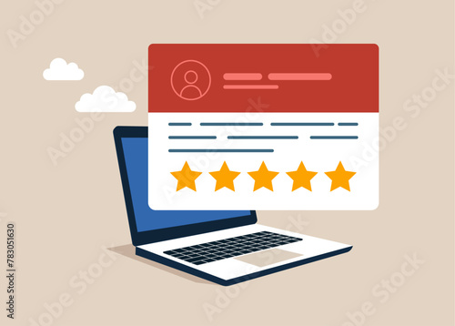 Consumer review for comment and rate a service or goods. Customer feedback and rating 5 stars. Flat vector illustration