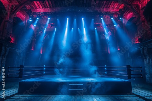 A dimly lit boxing ring, enveloped in dramatic blue smoke, evokes a sense of anticipation for the upcoming bout