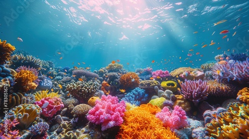 Coral Kaleidoscope. Wide Angle View of Colorful Coral Reefs Captured Beneath the Ocean s Surface.