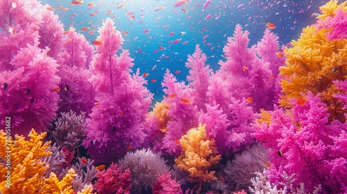 Coral Kaleidoscope. Wide Angle View of Colorful Coral Reefs Captured Beneath the Ocean's Surface.