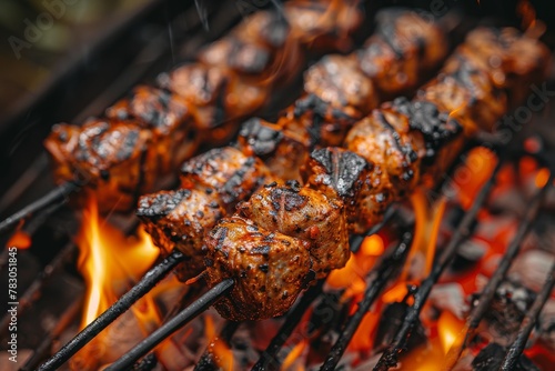 Sizzling hot grilled skewers with meat cubes and spices charred to perfection over a fiery grill