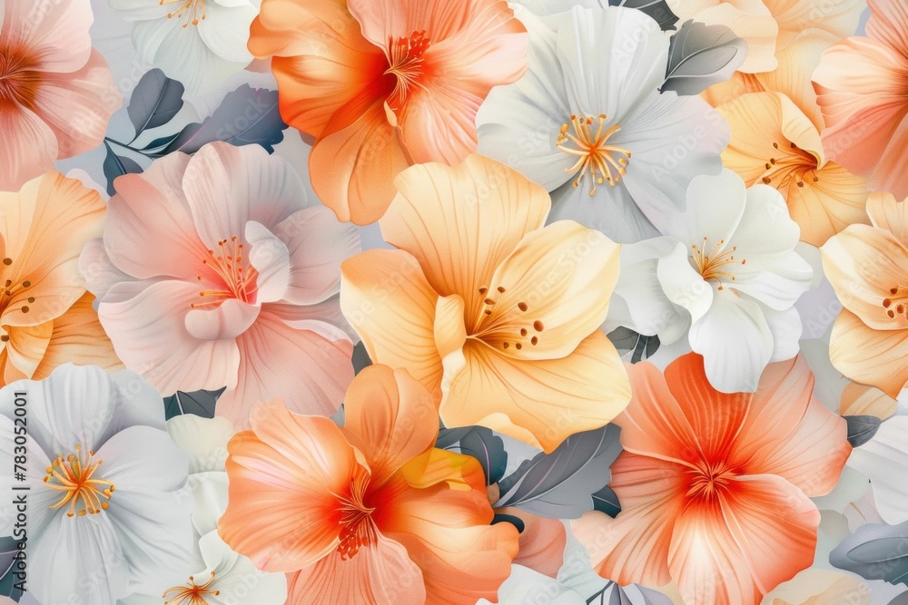 Vibrant Orange and White Flowers with Leaves on Gray Background, Nature Botanical Concept_FLoral Photography Image Vibrant Orange and White Flowers with Leaves on Gray Background, Nature Botanical Concept_FLoral Photography Image