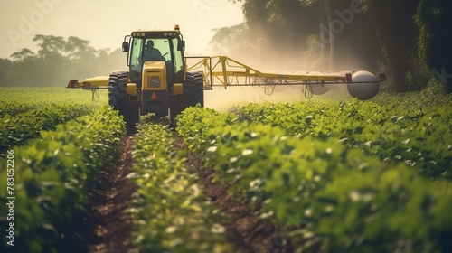 Tractor spraying pesticides on soybean field with sprayer at spring photo