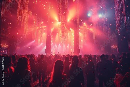 A lively crowd immersed in a mesmerizing live concert experience with vibrant red stage lighting