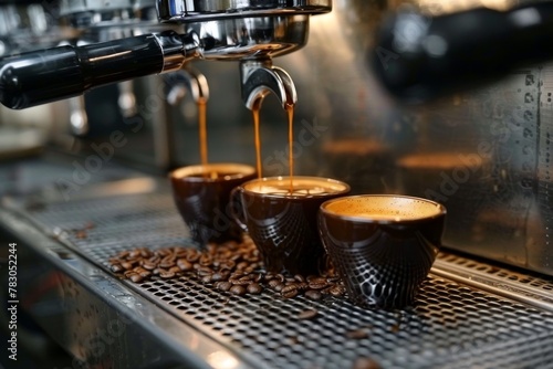 Multiple shots of espresso being extracted into cups among coffee beans on an espresso machine tray