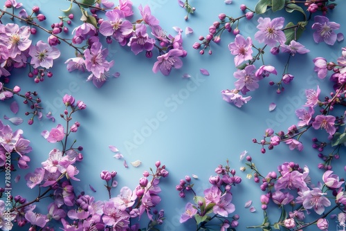 Beautiful cherry blossoms in full bloom framing a pastel blue sky evoking freshness and spring renewal photo