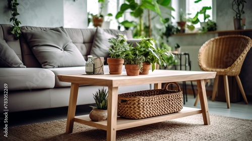 Interior of modern living room with wooden coffee table, sofa and plants © 99