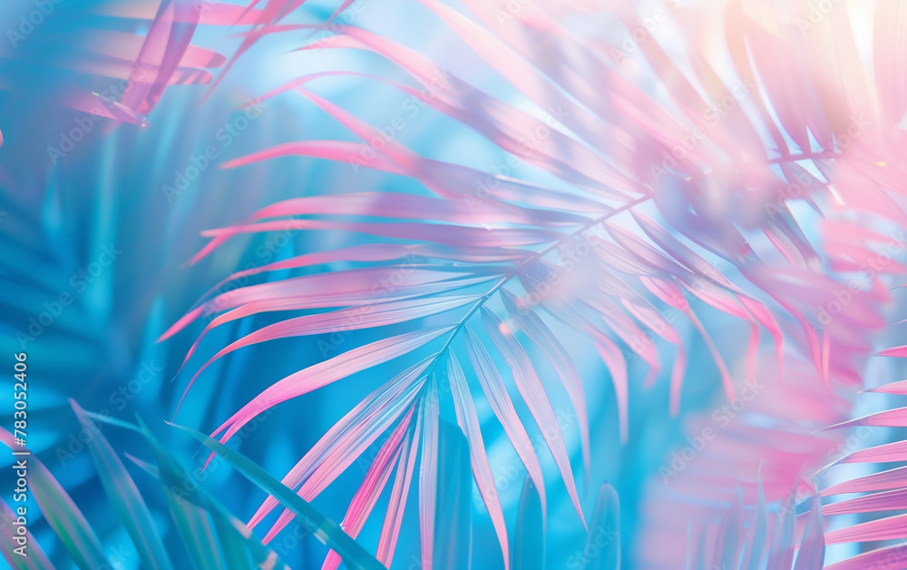 Bright Blue and Pastel Pink Tropical Palm Leaves with Sun Rays Bright Blue and Pastel Pink Tropical Palm Leaves with Sun Rays