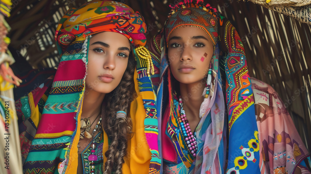 portrait of a two young Amazigh women, colourful clothing, beautiful traditional asia