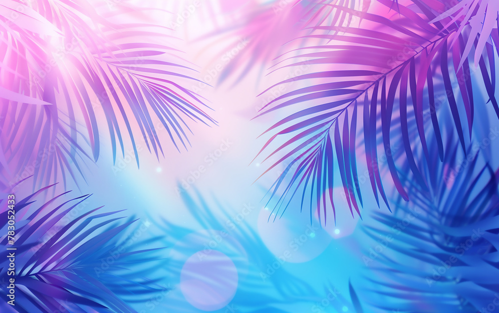 Bright Blue and Pastel Pink Tropical Palm Leaves with Sun Rays