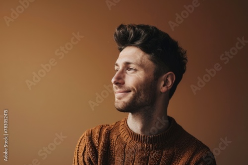 Portrait of a handsome young man in a sweater on a brown background