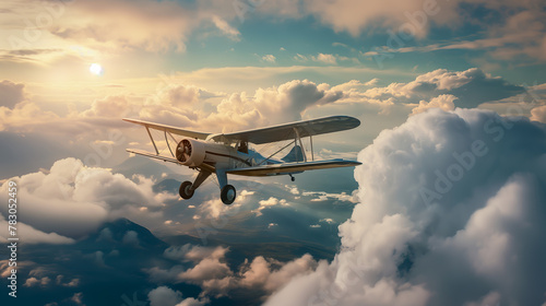 A spectacular shot of the monoplane in the air reveals breathtaking landscapes: snow-capped peaks, lush valleys, and shimmering lakes, creating a stunning backdrop for the sleek aircraft. photo