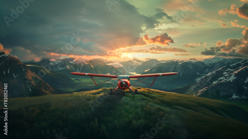 A spectacular shot of the monoplane captures breathtaking mountain landscapes: snow-capped peaks, lush valleys, and crystal-clear lakes, all contrasting with the sleek silhouette of the aircraft. photo