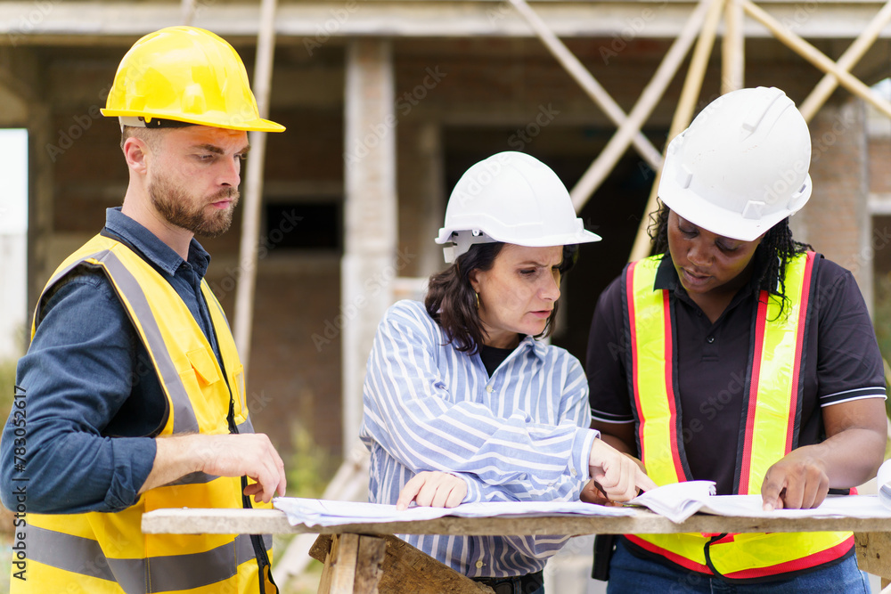 Team of construction workers discussing about the building construction plan. Team of construction workers discussing about the building construction plan.