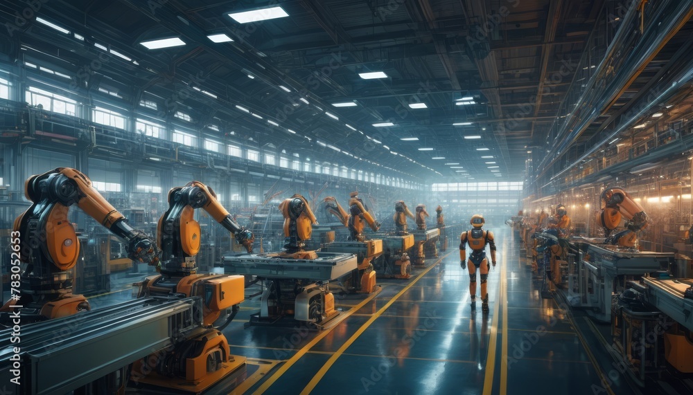 A humanoid robot strides confidently down an aisle flanked by industrial robots on an advanced assembly line in a blue-hued factory setting. AI Generation A humanoid robot strides confidently down an aisle flanked by industrial robots on an advanced assembly line in a blue-hued factory setting. AI Generation