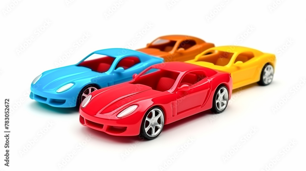 Fototapeta premium Collection of colourful toy cars isolated on white background. 