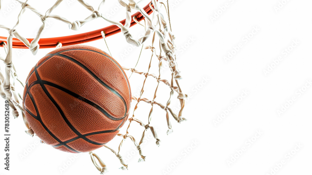 Scoring during a basketball game ball in hoop isolated on white background.

