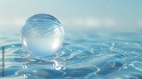 Bubble floating on ripples of water with white radial lighting on blue background