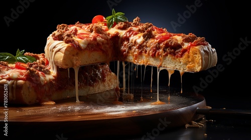 Pizza with salami and mozzarella on a black background
