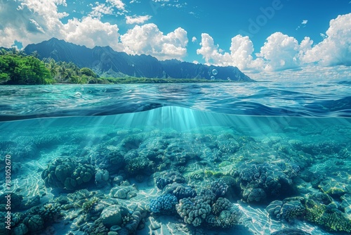 Crystal clear ocean water seamlessly merges with a serene coral reef, offering a split view with a cloudy sky