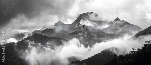 Mountain summit cutting skyward through clouds, sweeping view of surrounding peaks