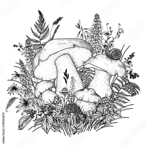 Vector illustration of a boletus surrounded by forest plants and a snail. Berries, flowers, mushrooms in engraving style