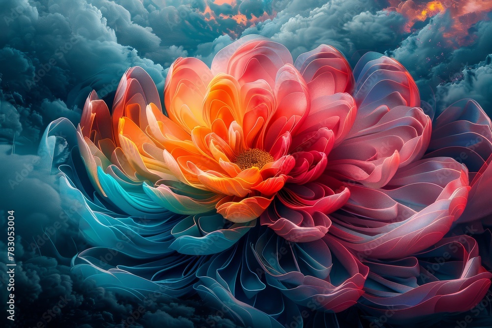 This captivating image showcases a digitally enhanced flower, with petals unfolding in a spectacular array of colors and light
