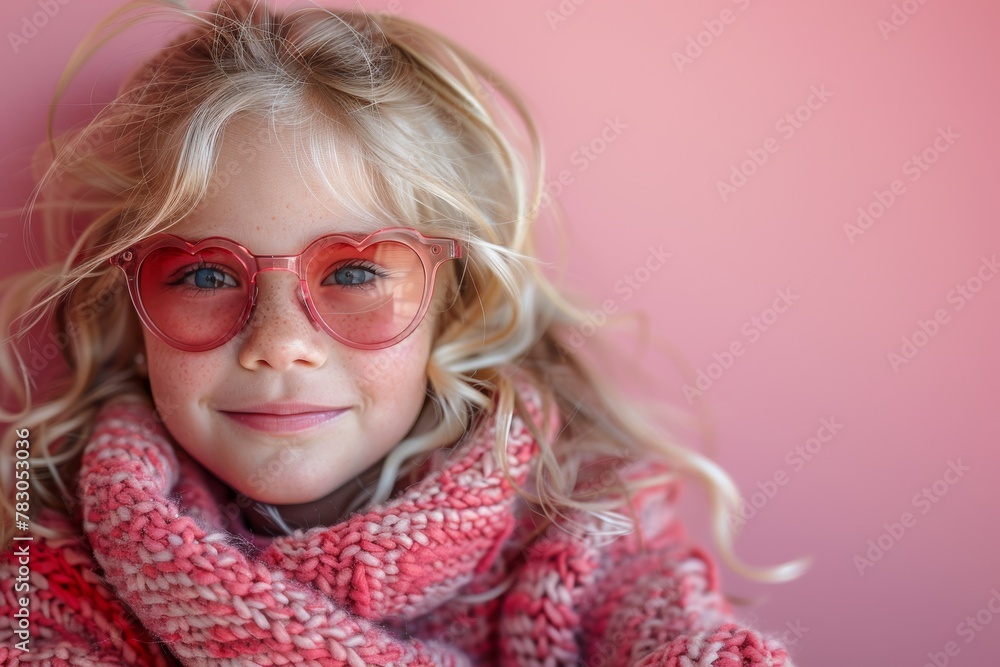 Portrait of a smiling young girl with heart-shaped glasses and a pink knitted scarf Portrait of a smiling young girl with heart-shaped glasses and a pink knitted scarf
