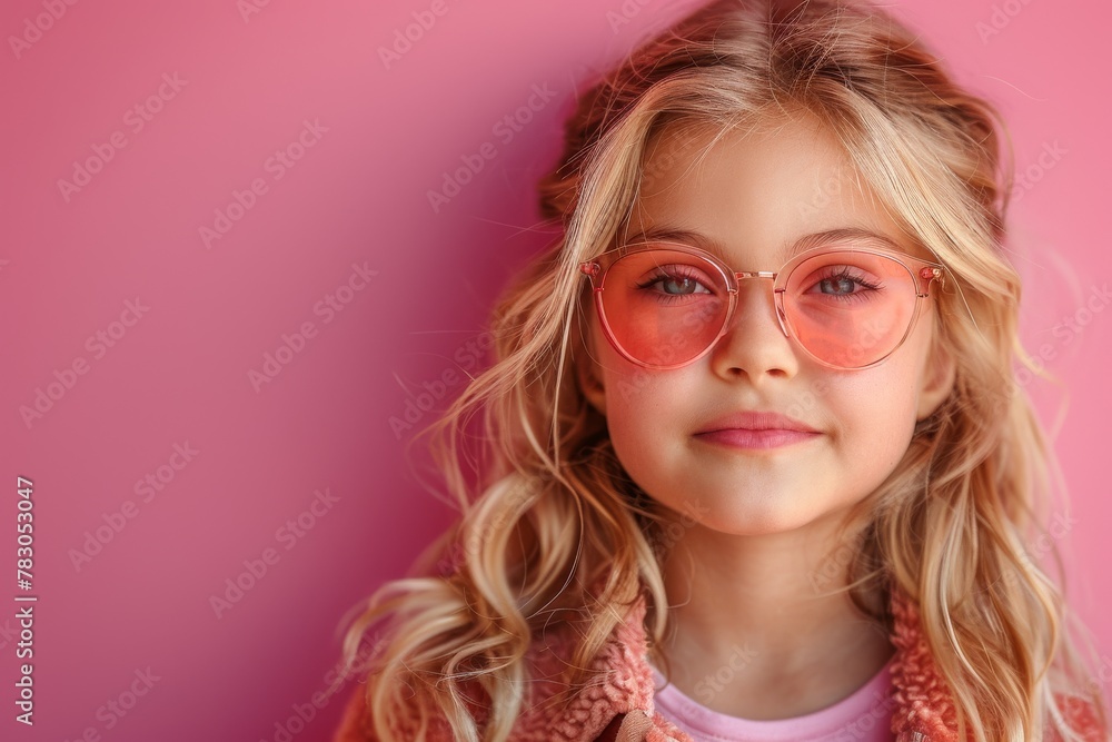 Fototapeta premium A charming young girl with curly blonde hair wearing pink round glasses and a pink jacket against a pink background