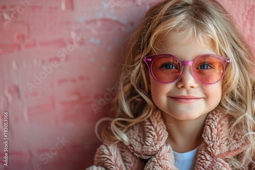 A delightful smiling girl with curly hair wearing pink glasses and a textured jacket in front of a textured backdrop