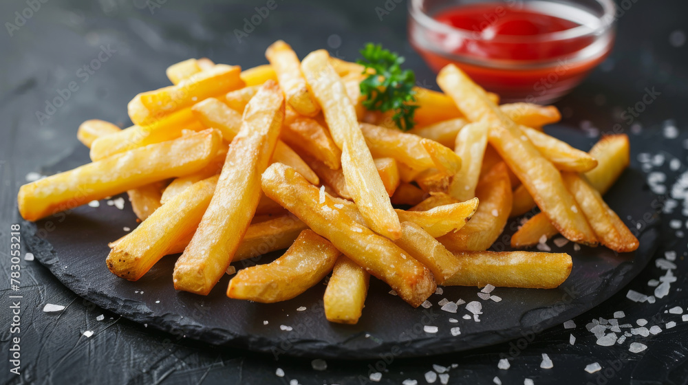 Crisp steakhouse style French Fries with pepper and salt, on slate plate, isolated on dark background. Crisp steakhouse style French Fries with pepper and salt, on slate plate, isolated on dark background.