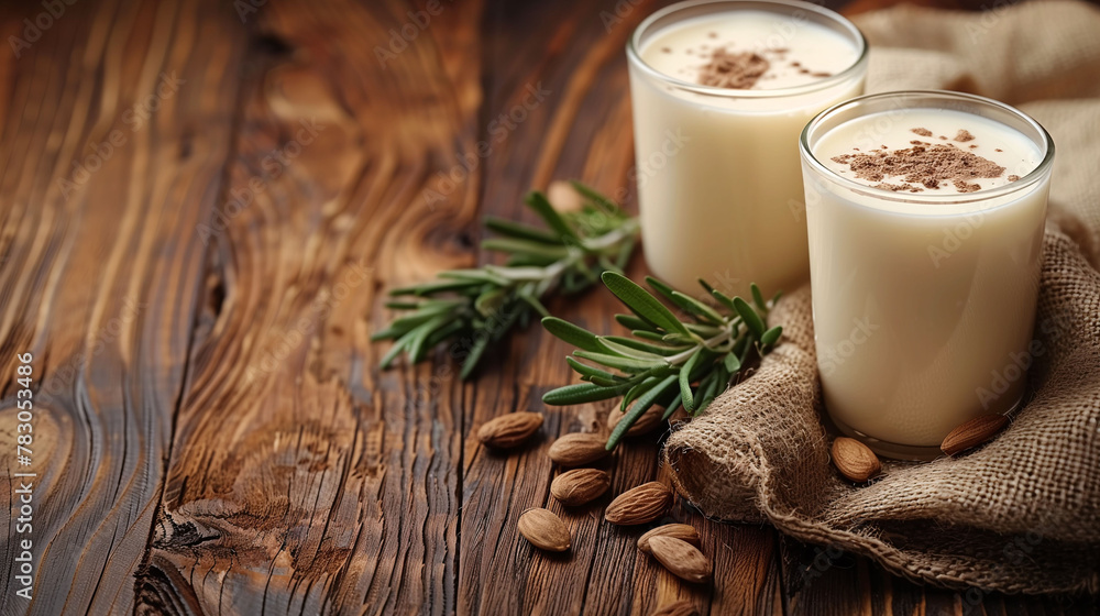 Two glasses of almond milk on a rustic wooden table with whole almonds and a sprig of green leaves, with a warm, soft-focus background. Two glasses of almond milk on a rustic wooden table with whole almonds and a sprig of green leaves, with a warm, soft-focus background.
